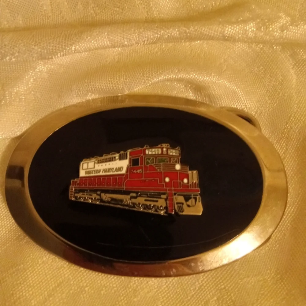 Western Maryland train silver belt buckle red and blue vintage